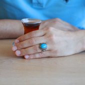 Lale Motifli Turkuaz Firuze Taşlı 925 Ayar Gümüş Erkek Yüzük - 2