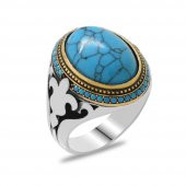 Lale Motifli Turkuaz Firuze Taşlı 925 Ayar Gümüş Erkek Yüzük - 3