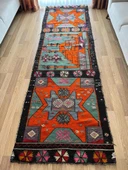 100x343 cm Turuncu ve Siyah El Dokuması Türk Kilimi, Camii ve Ender Motifler, Yüksek Kaliteli Yün Yolluk - 1