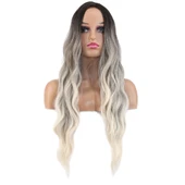 Uzun Su Dalgası Fiber Sentetik Peruk - Küllü Kumral / Beyaz Platin Ombre thumbnail 1