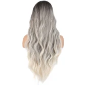 Uzun Su Dalgası Fiber Sentetik Peruk - Küllü Kumral / Beyaz Platin Ombre thumbnail 4