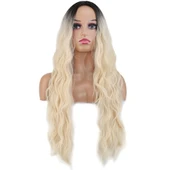 Uzun Su Dalgası Fiber Sentetik Peruk - Kahve / Platin Ombre thumbnail 4