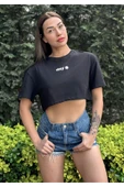 Kadın Bisiklet Yaka Baskılı Oversize Crop T-shirt - 9