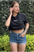 Kadın Bisiklet Yaka Baskılı Oversize Crop T-shirt - 6