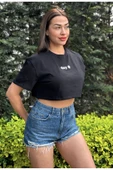 Kadın Bisiklet Yaka Baskılı Oversize Crop T-shirt - 8