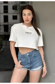 Kadın Bisiklet Yaka Baskılı Oversize Crop T-shirt - 11