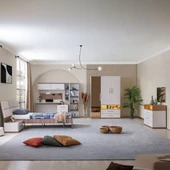 Milano Genç Odası - 3 Kapaklı Aynalı Dolap, Karyola, Komodin, Çalışma Masası, Şifonyer, Kitaplık - 1