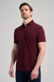 Bordo Kısa Kol Düz Örme İtalyan Yaka Düğmeli Cepsiz Pamuklu Classic Slim Fit Gömlek 1004250156_900 thumbnail 1