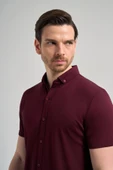 Bordo Kısa Kol Düz Örme İtalyan Yaka Düğmeli Cepsiz Pamuklu Classic Slim Fit Gömlek 1004250156_900 thumbnail 4