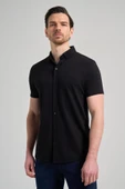 Siyah Kısa Kol Düz Örme İtalyan Yaka Düğmeli Cepsiz Pamuklu Classic Slim Fit Gömlek 1004250156_001 thumbnail 2
