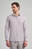 Uzun Kol Çizgili Desen Bez Ayağı İtalyan Yaka Cepsiz Pamuklu Classic Slim Fit Gömlek 1004250180 - 1