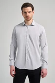 Uzun Kol Çizgili Desen Bez Ayağı Sert Yaka Cepsiz Esnek Classic Slim Fit Gömlek 1004250158 - 1