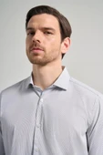 Uzun Kol Çizgili Desen Bez Ayağı Sert Yaka Cepsiz Esnek Classic Slim Fit Gömlek 1004250158 - 4