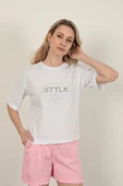 Süprem Kumaş Taş Detaylı Kadın Tişört-Beyaz - 3