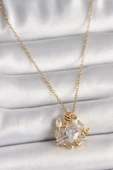 316L Çelik Gold Renk Zincir Zirkon Taşlı Kalp Model Gül Detay Kadın Kolye - 1