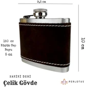 Perlotus 5 Oz 150 cc Koyu Kahverengi  El Yapımı Crazy Deri Kılıflı Çelik Viski Cep Matarası - 1