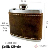 Perlotus 5 Oz 150 cc Fındık Kahverengi Crazy Deri Kılıflı El Yapımı Çelik Viski Cep Matarası - 1