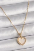 316L Çelik Gold Renk Zincir Zirkon Taşlı Beyaz Mineli Kalp Model Kadın Kolye - TJ-BKO9780 - 1