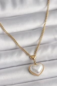 316L Çelik Gold Renk Zincir 3D İnci Kalp Model Kadın Kolye - TJ-BKO9770 - 1