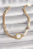 316L Çelik Gold Renk Yassı Zincir Model Zirkon Taş Detaylı Beyaz Mineli Madalyon Model Kadın Bileklik - TJ-BB6732 - 1