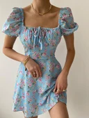 Kadın Çiçekli Kare Yaka Cuddly Elbise - 2