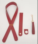 Çanta Aksesuar Kırmızı Gerçek Deri 70x2.3 cm Çift Saplı Püsküllü Çanta Seti Light Gold Metalli thumbnail 1