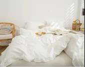 Maki Home %100 Pamuklu Fırfırlı Kırık Beyaz 200x220+2*(50x70) Çift Kişilik Nevresim Seti - 3