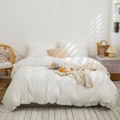 Maki Home %100 Pamuklu Fırfırlı Kırık Beyaz 200x220+2*(50x70) Çift Kişilik Nevresim Seti - 1