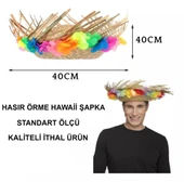 Naturel Renk Püsküllü Örme Hasır Hawaii Luau Aloha Şapka 13x36 Cm thumbnail 4