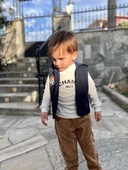 Fitilli Kadife Pantolon Kapitone Kapşonlu Yelek Uzun Kollu Sweat 3lü Erkek Çocuk Takımı Lacivert - 3