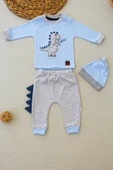 Minik Dino Nakışlı Şapkalı Uzun Kollu Sweat 3lü Kız-erkek Bebek Takımı Mavi - 3