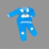 Kulaklı Tavşan Figürlü Kuzu Kumaş Sweat Pantolon Uzun Kollu Kız Erkek 2 Li Takımı Saks Mavisi thumbnail 2