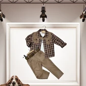 Cepli Pantolon Ekose Gömlek Uzun Kollu Sweat 3lü Erkek Çocuk Takımı Bej - 1