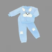 Kulaklı Tavşan Figürlü Kuzu Kumaş Sweat Pantolon Uzun Kollu Kız Erkek 2 Li Takımı Mavi - 1
