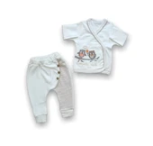 Romantik Çift Baykuş Nakışlı %100 Cotton Antibakteriyel 5li Zıbın Takımı Hastane Çıkışı Ekru - 4