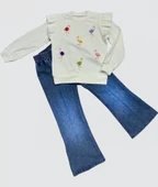 Kot Pantolonlu Flamingo Desenli Penye Sweat Uzun Kollu 2li Kız Çocuk Takımı Beyaz - 2