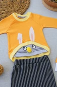 Şımarık Tavşan Nakışlı Şapkalı Uzun Kollu Sweat 3lü Kız-erkek Bebek Takımı Turuncu thumbnail 2