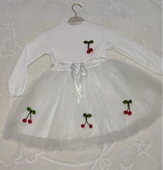 Kiraz Desenli Kurdela Kuşaklı Astarlı Uzun Kollu Kız Çocuk Tütü Elbise Beyaz thumbnail 4