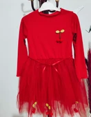 Kiraz Desenli Kurdela Kuşaklı Astarlı Uzun Kollu Kız Çocuk Tütü Elbise Kırmızı thumbnail 6