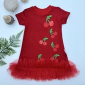 Petli Kiraz Nakışlı Eteği Fırfırlı Jile Kız Çocuk Elbisesi Kırmızı - 2