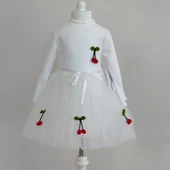 Kiraz Desenli Kurdela Kuşaklı Astarlı Uzun Kollu Kız Çocuk Tütü Elbise Beyaz thumbnail 2