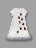 Uğur Böceği Nakışlı Fırfır Uçlu Kız Çocuk Jile Elbisesi Beyaz - 4