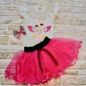 Toka Hediyeli Kuş Desenli Tişört Tütü Etek 2li Kız Bebek Takımı Fuşya thumbnail 3