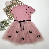 Puantiyeli Kelebek Etekli Astarlı Kız Çocuk Elbisesi Gül Kurusu thumbnail 1