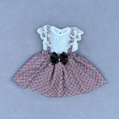 Kiraz Desenli Salopet Fiyonklu Etek Kısa Kollu Tişörtlü 2li Kız Bebek Takımı Pembe thumbnail 1