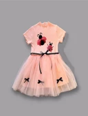 Uğur Böceği Nakışlı Kurdela Kuşak Kız Çocuk Elbisesi Somon - 1