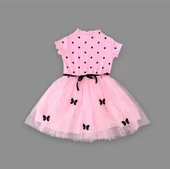 Puantiyeli Kelebek Etekli Astarlı Kız Çocuk Elbisesi Pembe - 4