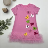 Renkli Kelebekler Nakışlı Eteği Fırfırlı Jile Çocuk Elbisesi Pembe - 3