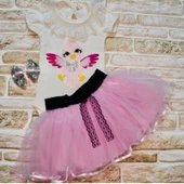 Toka Hediyeli Kuş Desenli Tişört Tütü Etek 2li Kız Bebek Takımı Lila thumbnail 1