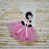 Saçı Örgülü Kız Nakışlı Kurdelalı Kısa Kollu Tütü Etek 2li Kız Bebek Takımı Lila thumbnail 2